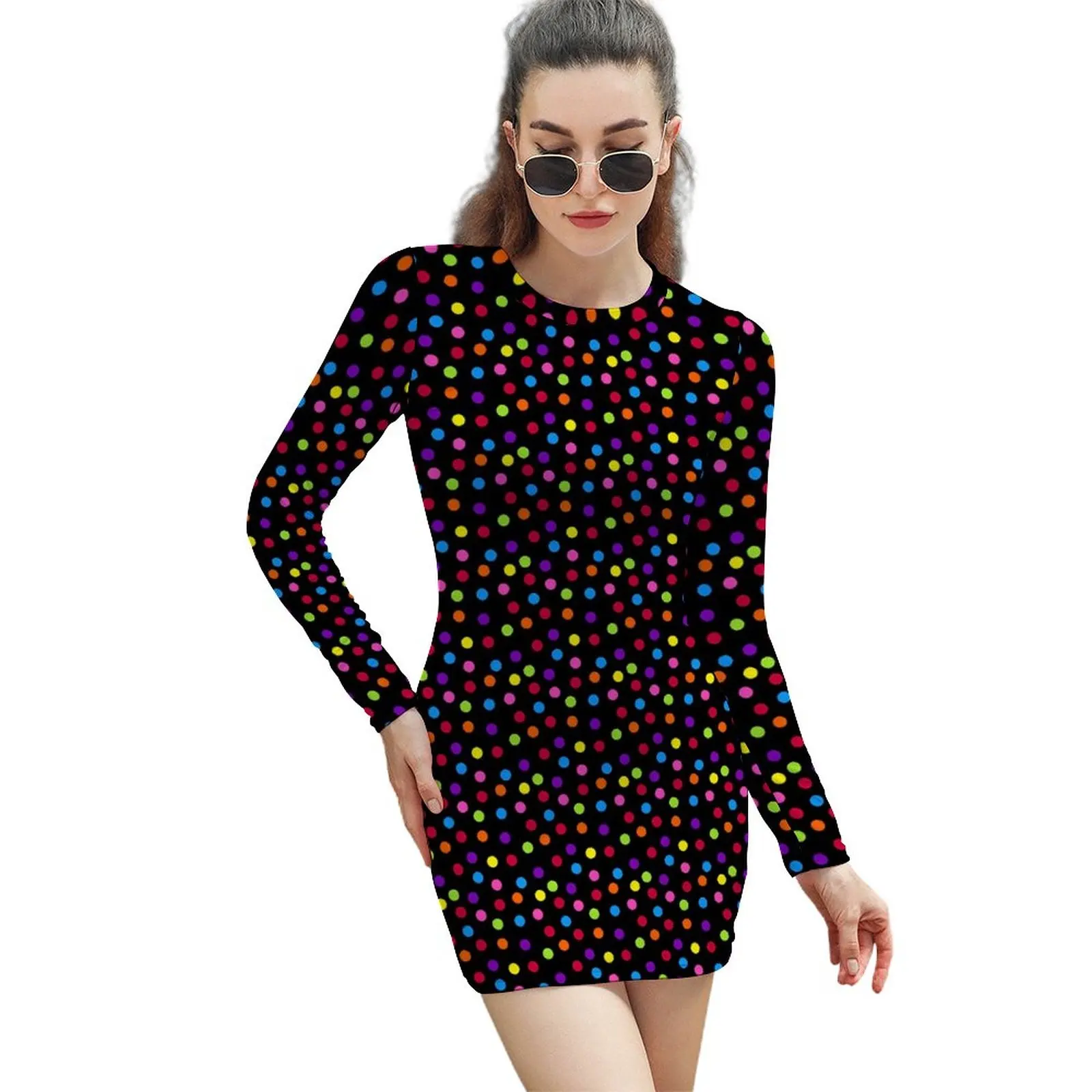 

Polka Dots Dress Long Sleeve Rainbow Dot Print Street Fashion Dresses Spring Sexy Bodycon Dress Women Pattern Oversize Vestidos