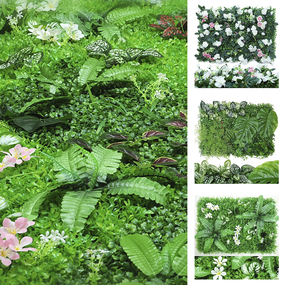 

Artificial Plant Wall Panels Plastic Fake Grass Wall Backdrop Spring Flowers Rosebud Monstera Leaf Wall Artificial Grass Decor