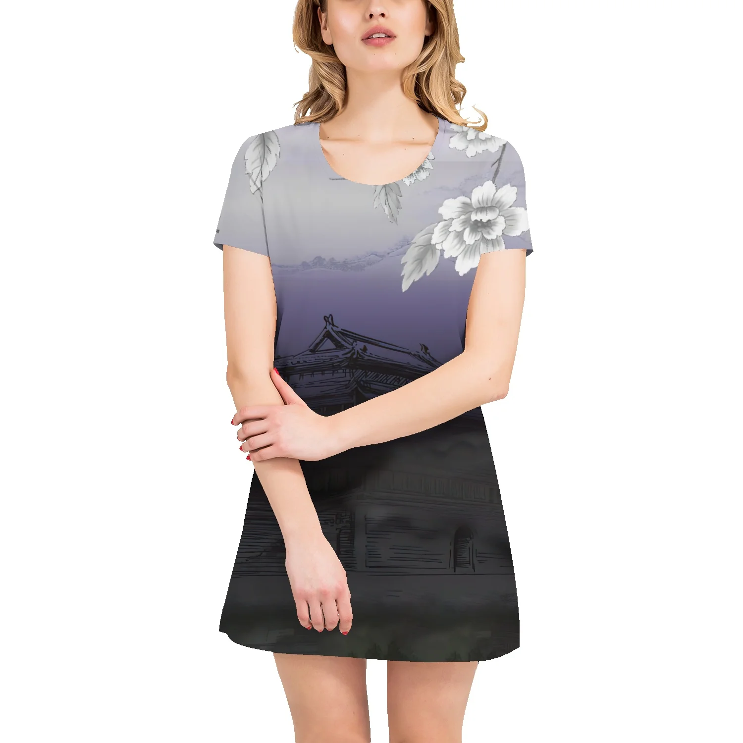 

Chinese floral landscape architectural pattern t-shirt skirt mid-length dress summer short-sleeved loose t-shirt lazy shirt