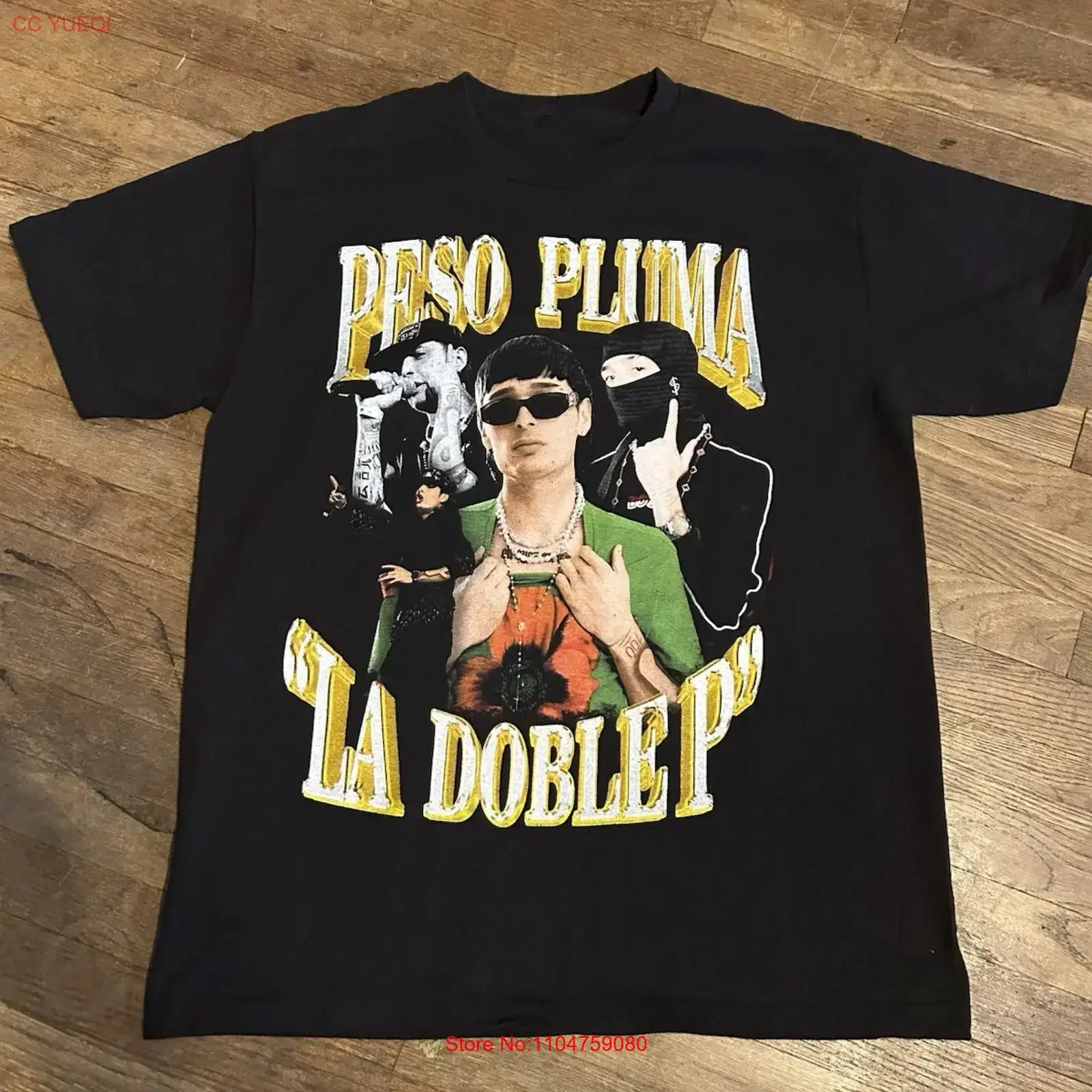 Фото Футболка Peso Pluma La Doble P Tour Promo, размер L, винтажная, в стиле Corrido Reggaeton Hip Hop, с эффектом потертости, для повседневной носки, слегка состаренная №1