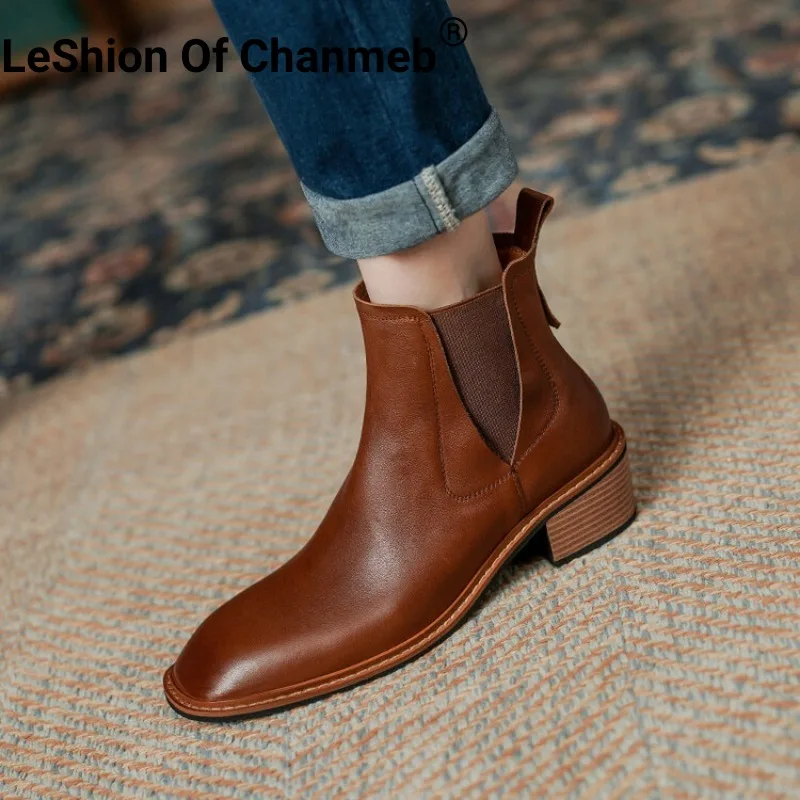 

Ботинки LeShion Of Chanmeb женские из натуральной кожи, короткие ботинки челси ручной работы, с эластичным ремешком, на квадратном каблуке, коричневые, 40