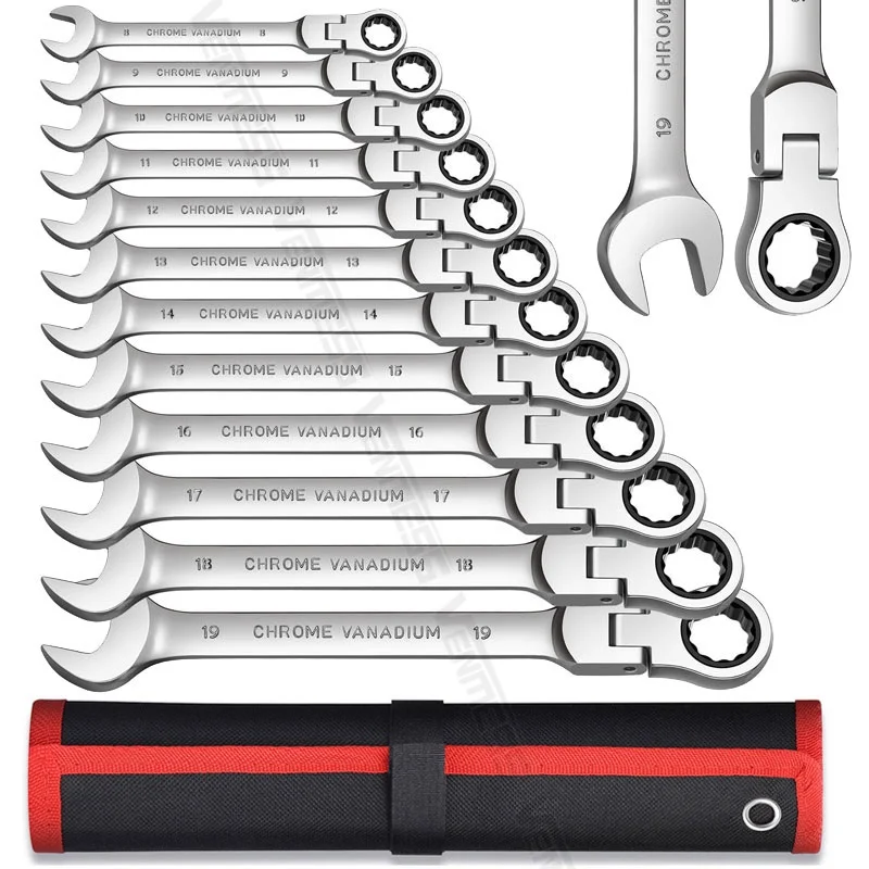Ratchet Wrench Set Box End Flex Head Ratcheting Standard Wrench Set Chrome Vanadium Steel Gear Wrench With Organizer Pouch