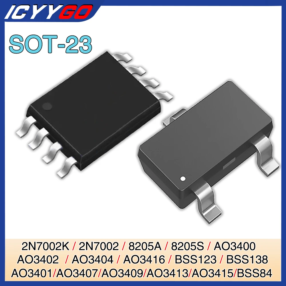 

SOT23 P N-Channel Mosfet 2N7002 2N7002K Bss138 8205A Ao3400 Ao3401 Bss84 Ao3407 Ao3416 Bss123 Ao3402 8205S Smd Mark Transistor