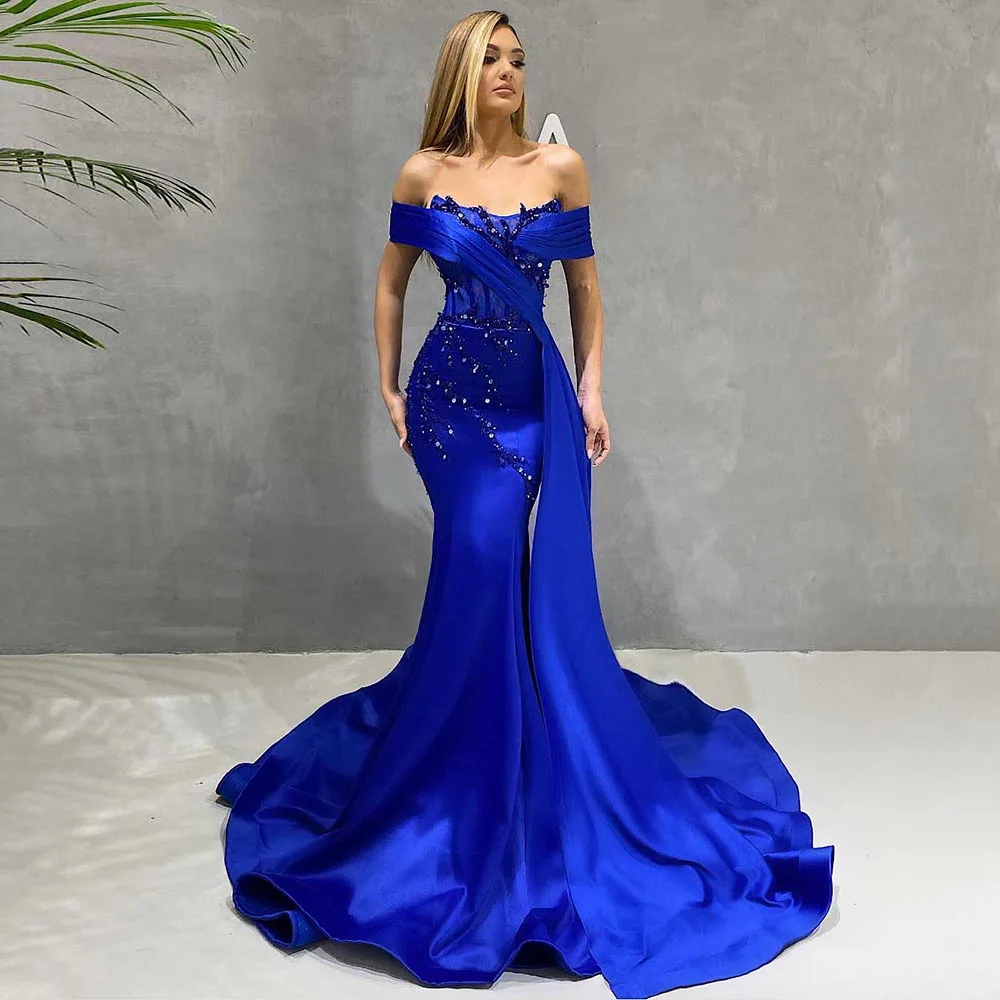 

Stunning Royal Blue Prom Dresses Satin Off Shoulder Sequined Beaded Mermaid Party Celebrity Evening Dresses With Ribbons