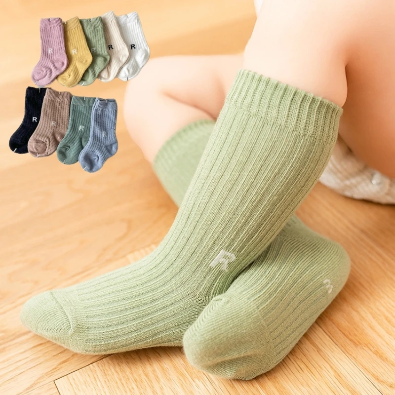 

Модные детские носки в Корейском стиле, детские гольфы средней длины, длинные носки для младенцев, малышей, мальчиков и девочек, простые полосатые Повседневные носки