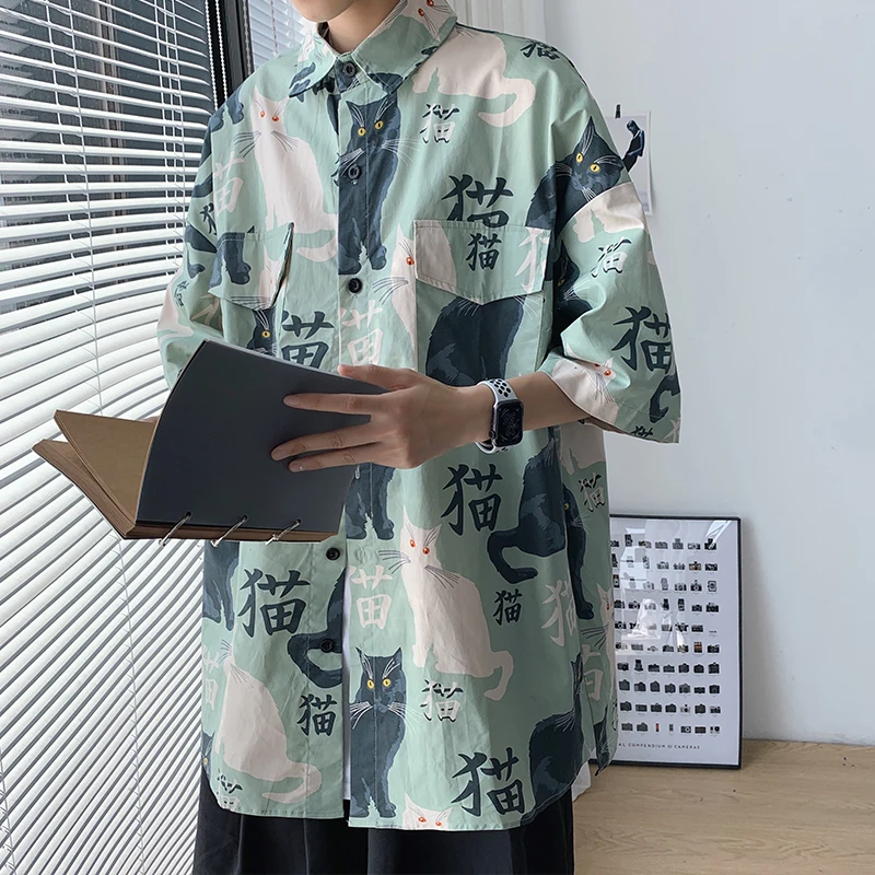 Men's Shirt Summer Short Sleeve Korean Fashion Tops Baggy Cartoon Elements Cat Cardigan Harajuku Blouses Oversized Male Clothes