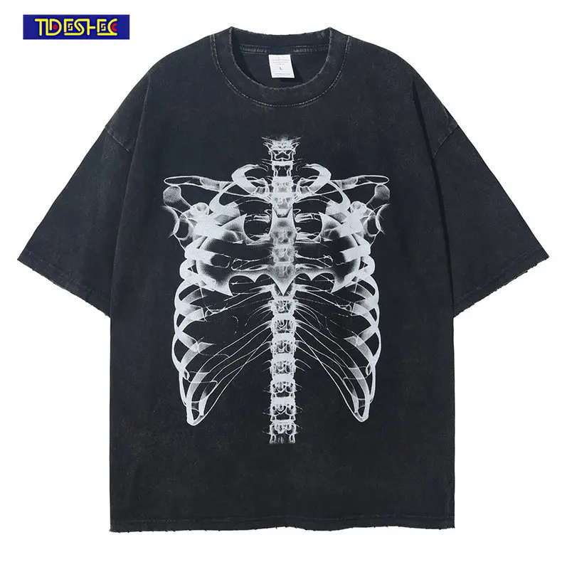 

Streetwear Oversized Skull Skeleton Print T-Shirt Vintage Washed Cotton Tshirt Tops Casual Men Women Y2K Gothic Graphic Tees