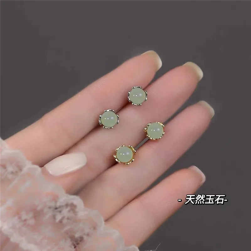 

S925 Sterling Silver Needle and Tian Jade Studs For Women Niche Yang Green Compact Ear Accessories New Tide Earrings Jewelry