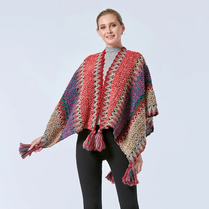 

2022 New Ethnic Style Girl Draped with Split Canopy Autumn and Winter Thick Knitted Tassel Shawl Dual-purpose Cloak