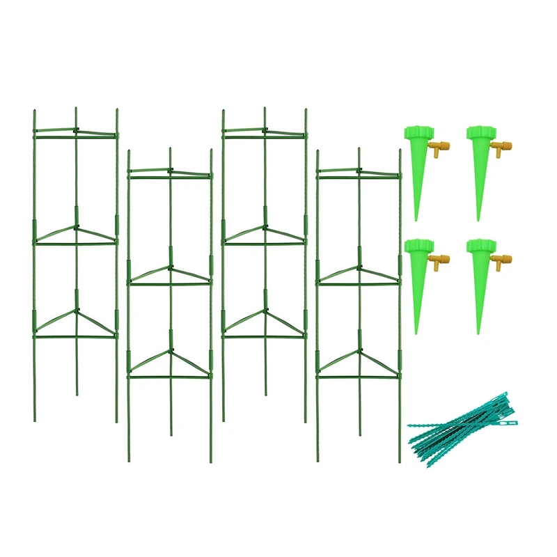 

4Pack Tomato Cages Garden Plant Support With 4 Watering Drip Devices&50 Cable Ties,For Climbing Plants Vegetable Trellis