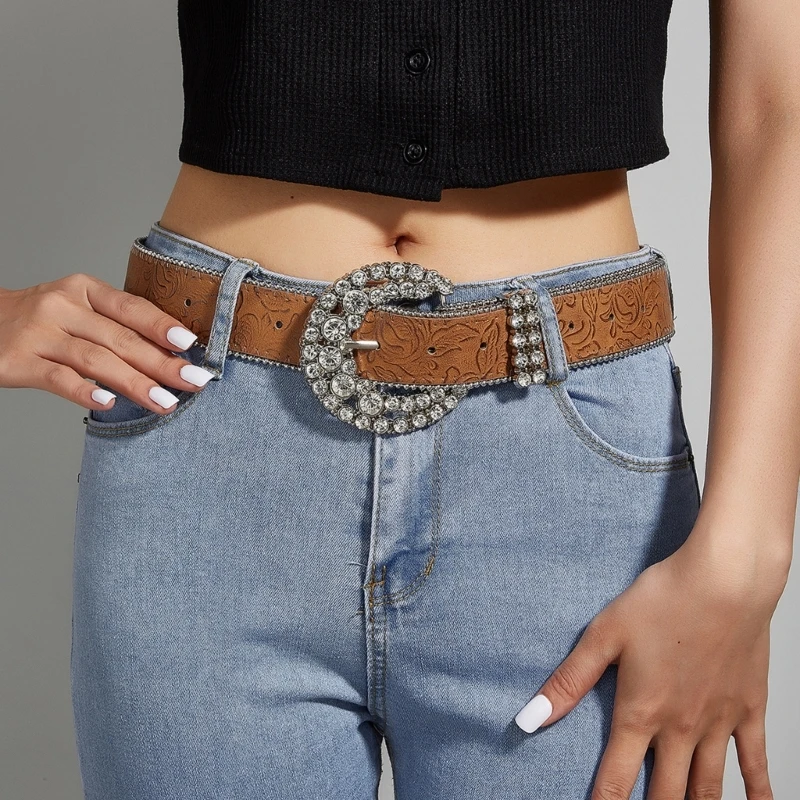 

Women Belt Rhinestones Belt Waistband Embossing Pattern Cowboy Belts