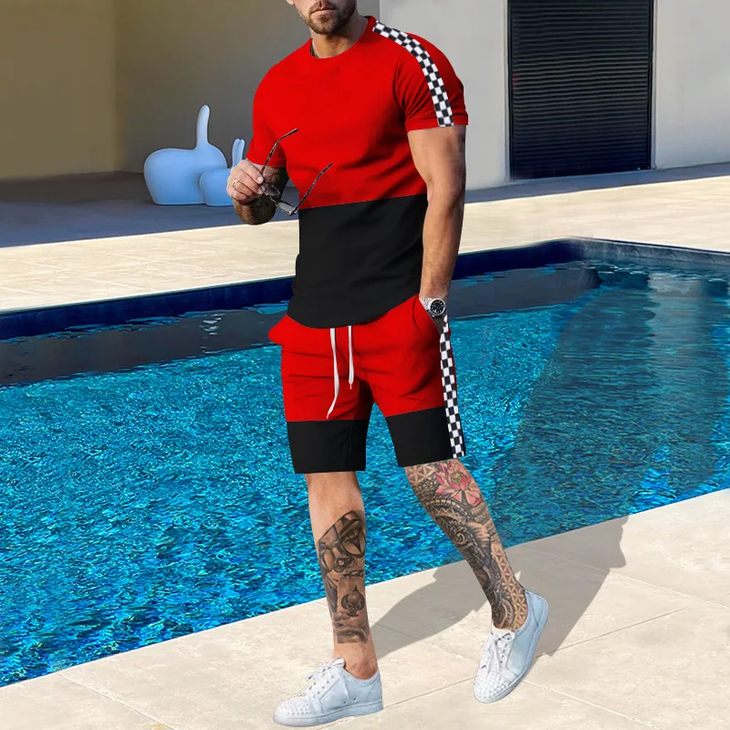 Men 2 Pieces Set Patchwork Streetwear Short-sleeve Fitness Homewear T-Shirt + Pant Outdoor Male Tracksuits Summer Casual Outfits