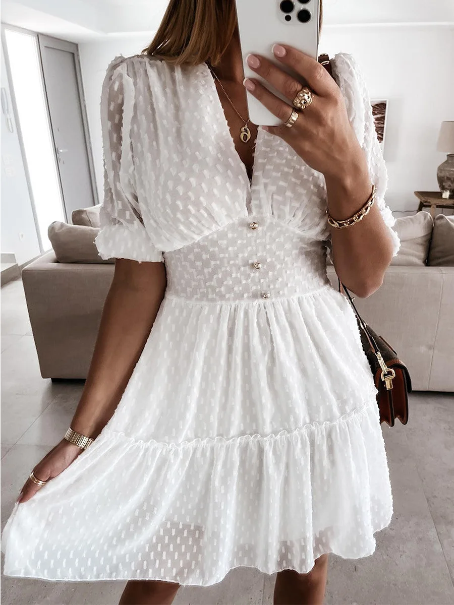 LZEQuella Ruffles Lace V Neck Dress For Women 2023 White Short Sleeve High Waist Sexy Women Clothes Female Mini Dress
