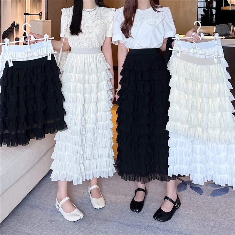 

A Line Black Cake Skirts Women Summer Korean Style Kawaii Lolita White Skirt Female High Waist Elastic Faldas Mujer