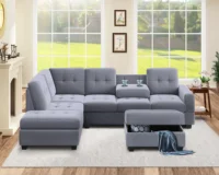 Modern Sectional Sofa with Reversible Chaise, L Shaped Couch Set with Storage Ottoman and Two Cup Holders for Living Room