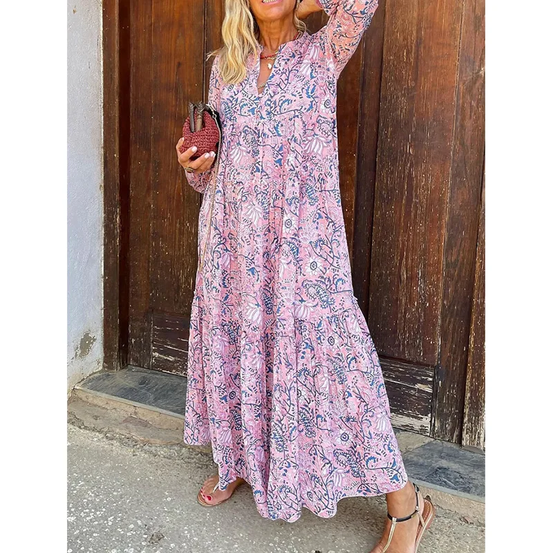 

Spring Autumn Floral Print Loose Bohemian Dress for Women 2023 Y2K INS Long Sleeve V Neck Vacation Beach Floor Length Dress