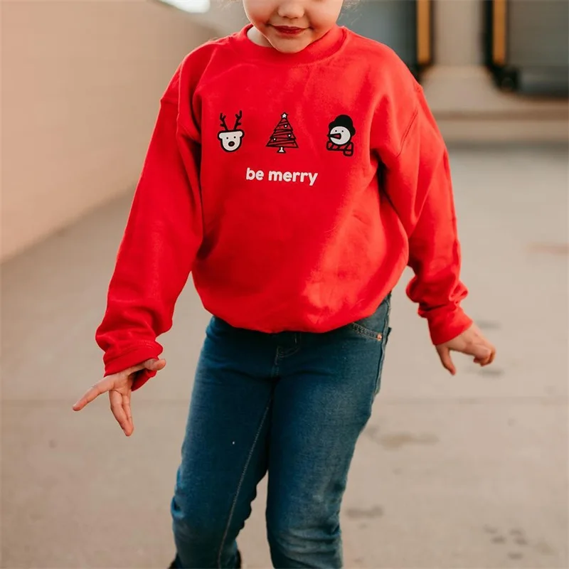 

Свитшот с длинным рукавом для мальчиков и девочек, пуловер с рождественским мультяшным принтом и надписью, топы, детская зимняя одежда
