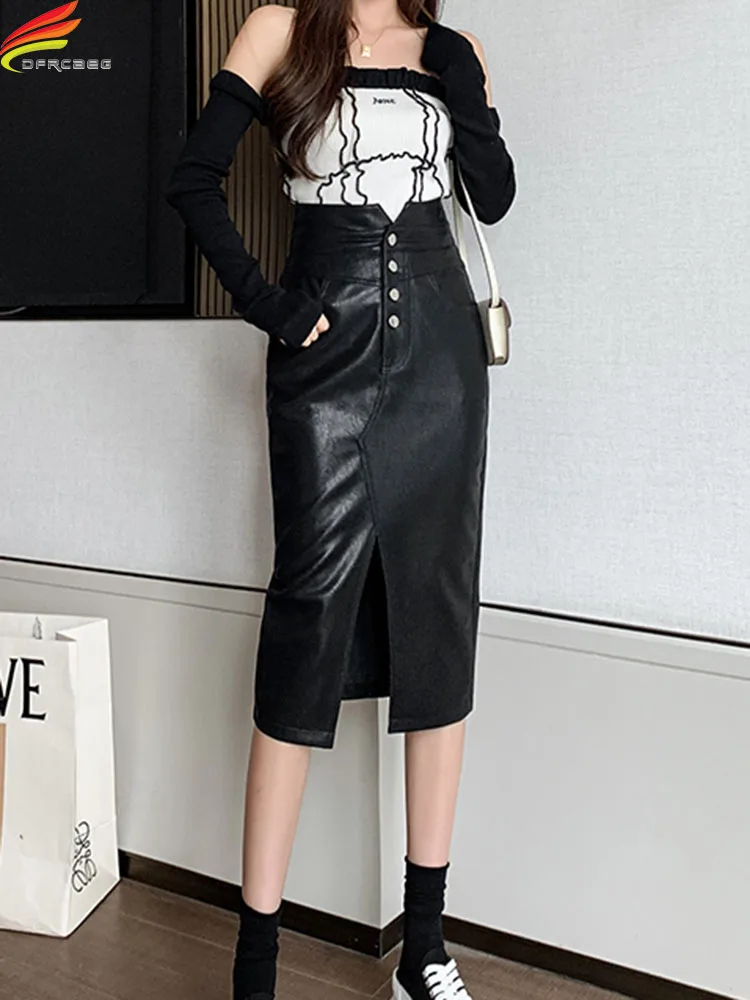 

DFRCAEG 2022 Autumn Winter Leather Skirt Women New Arrivals Front Slit Buttons High Waist Pencil Black Beige Khaki PU Skirts