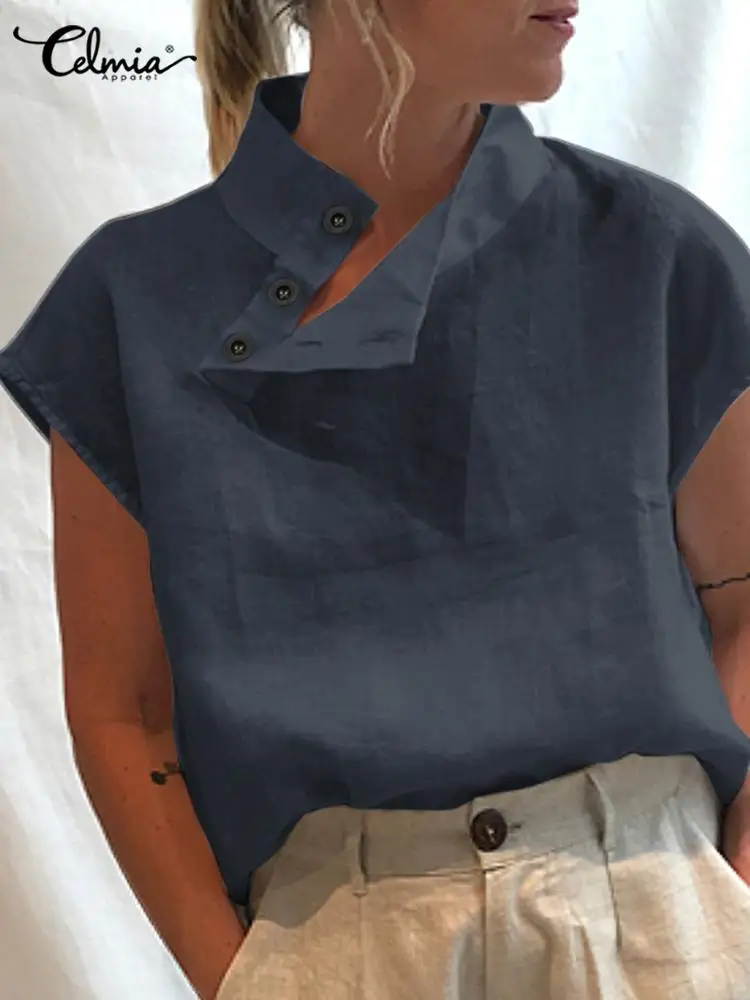 

Celmia 2023 Summer Women Blouses Tunic Short Sleeve Fashion Breathable Turtleneck Tops Elegant Cotton Oversized Blusas Femininas