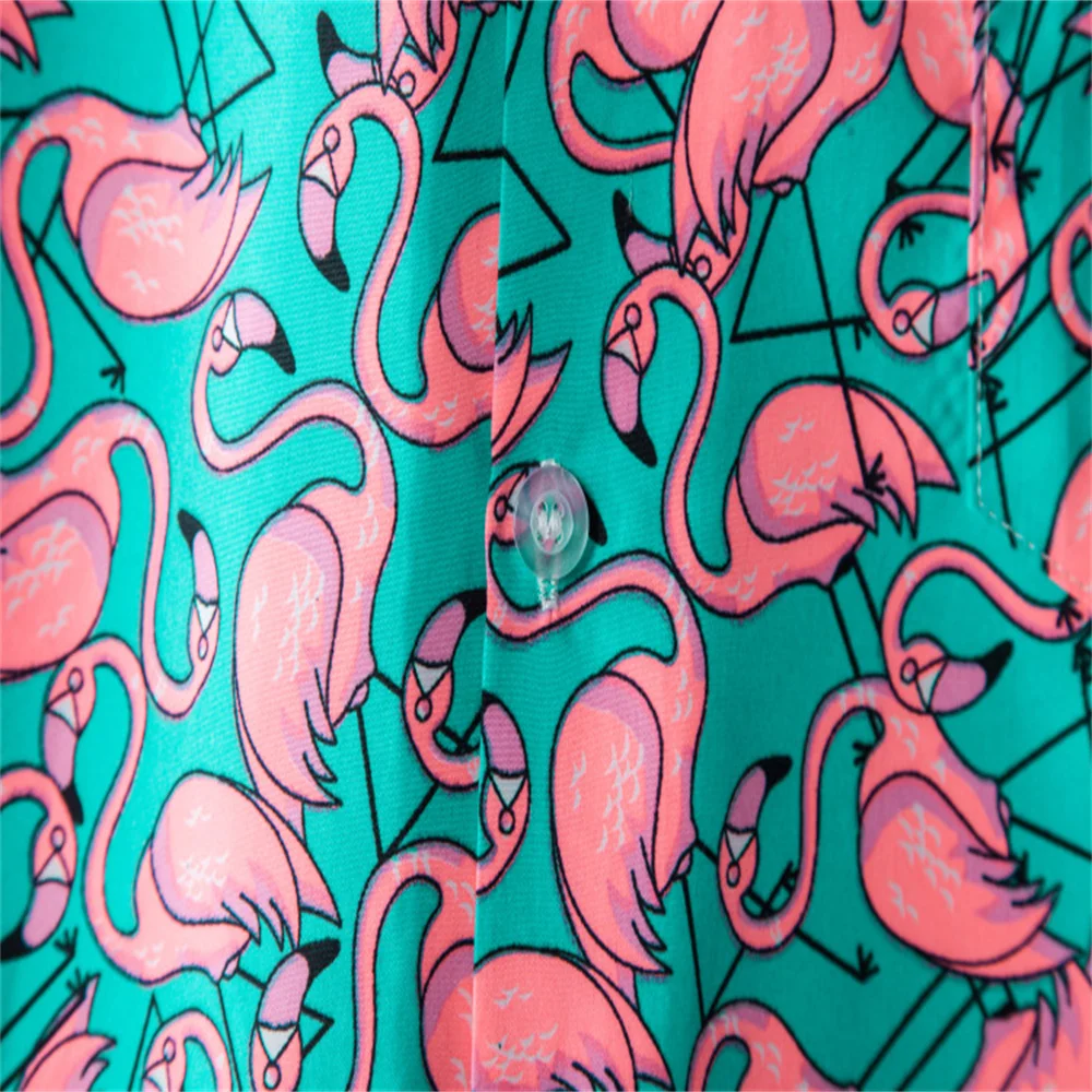 Hawaiian Flamingo Print Beach Shirts Seaside Vacation Quick-drying Clothes Loose Floral Tops Men's Short-sleeved Casual Blouse