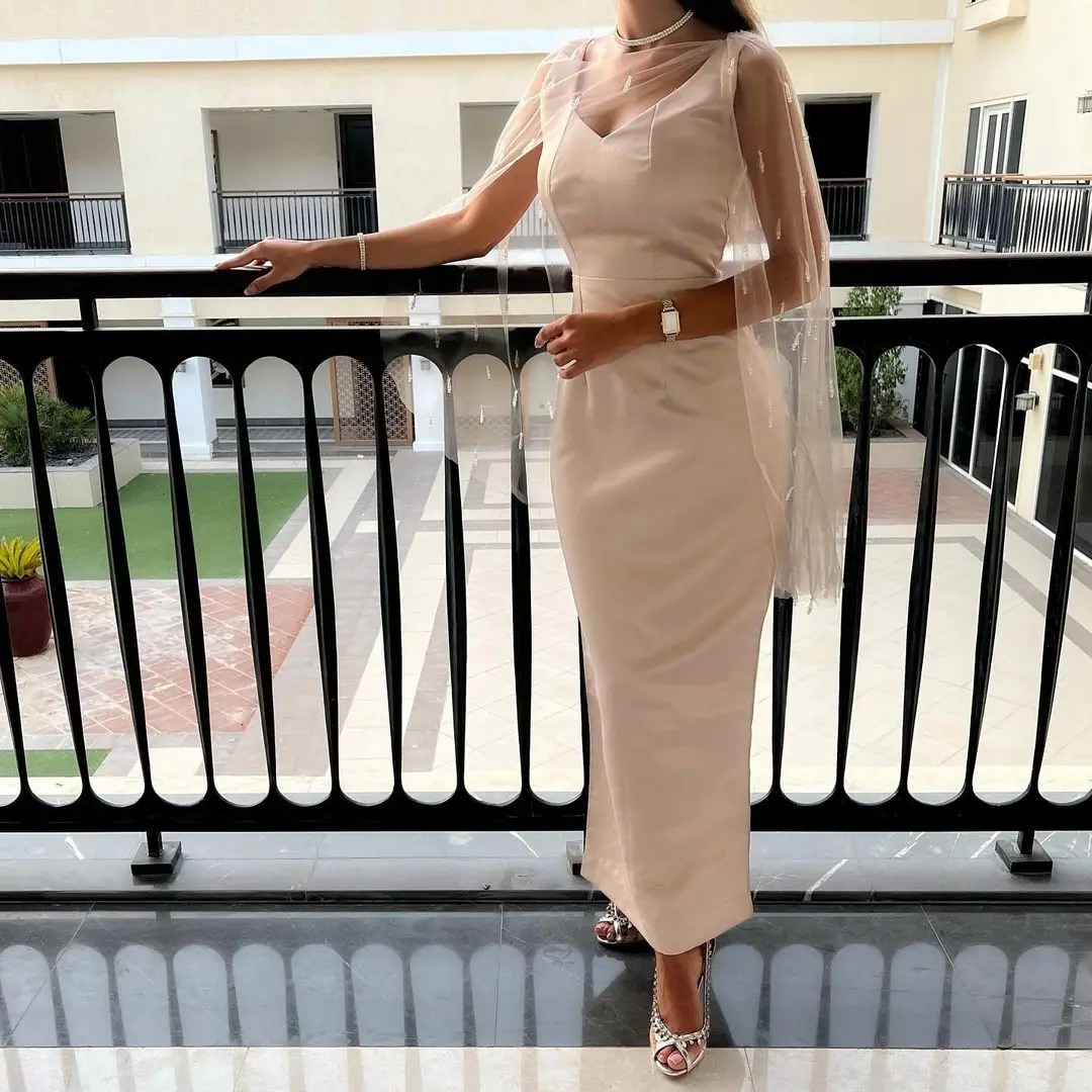 

Sheath V Neck Satin Long Prom Dresses Beadings Shawl Ankle Length Saudi Arabia Women Evening Party Dress