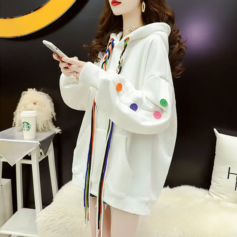 

2022 Autumn Winter New Women Hoodie Fleece Warm Solid Color Large Size Pullover Design Mid-length Casual Loose High-quality Top