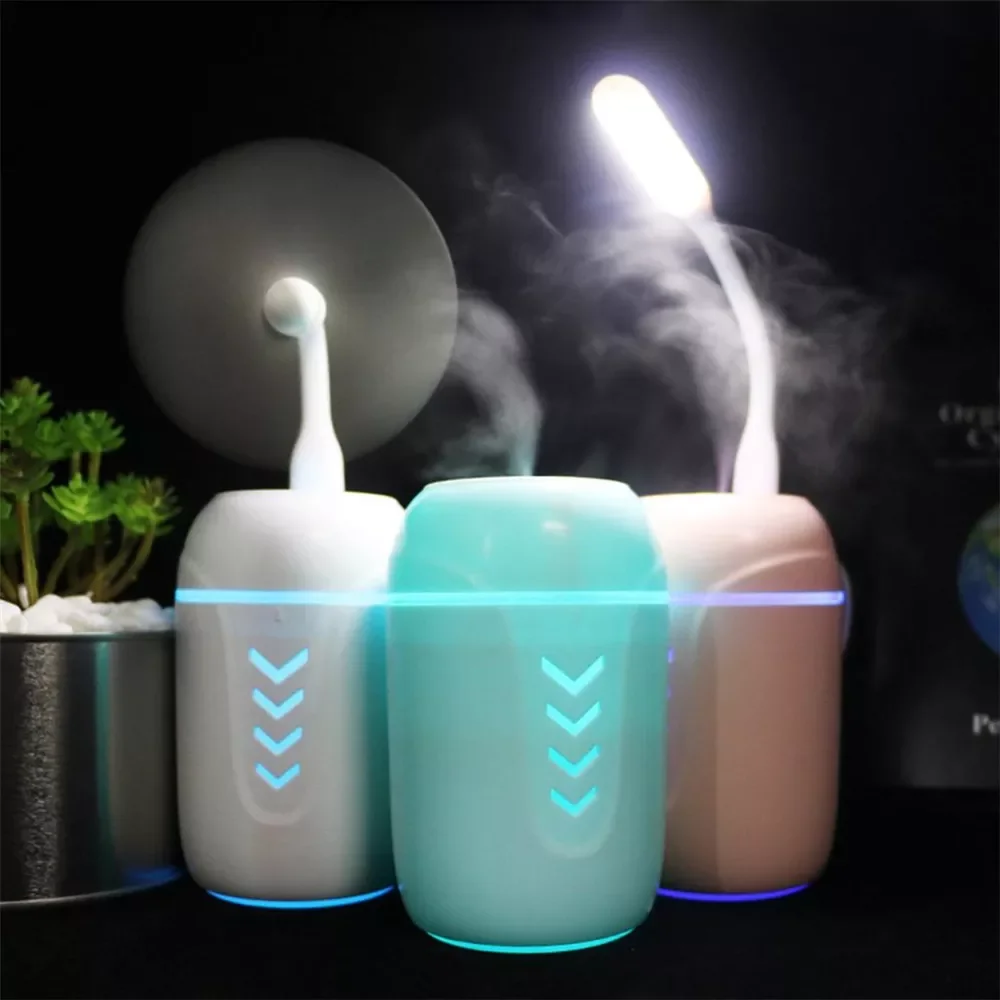 

3 in 1 USB Air Humidifier Ultrasonic Air Fogger Mini LED Lamp Car Mist Maker Mini USB Fan Portable Office Air Purifier