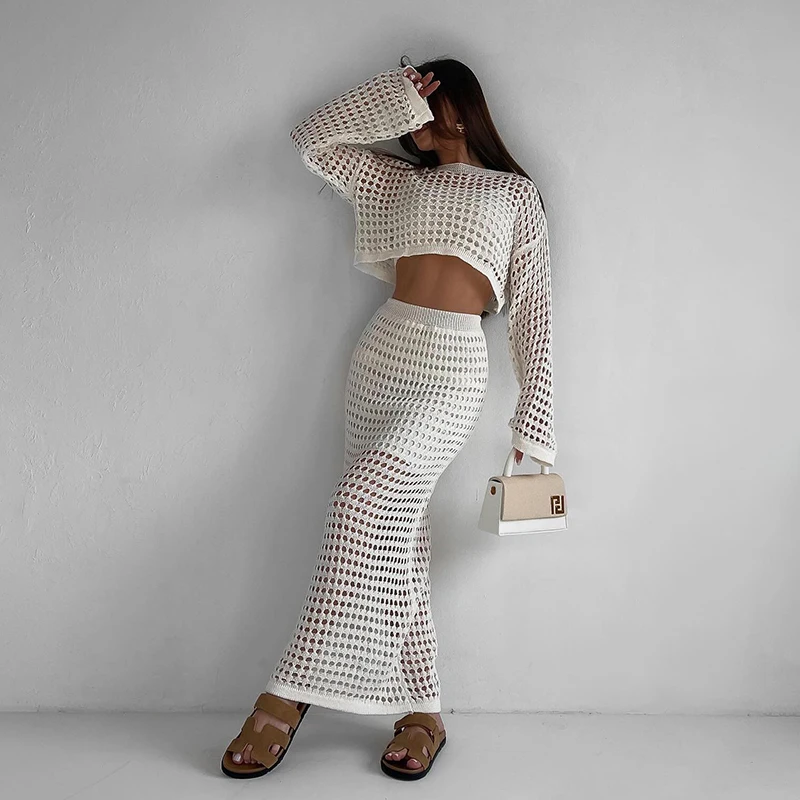 Женский элегантный вязаный комплект из двух предметов белый пуловер с длинным