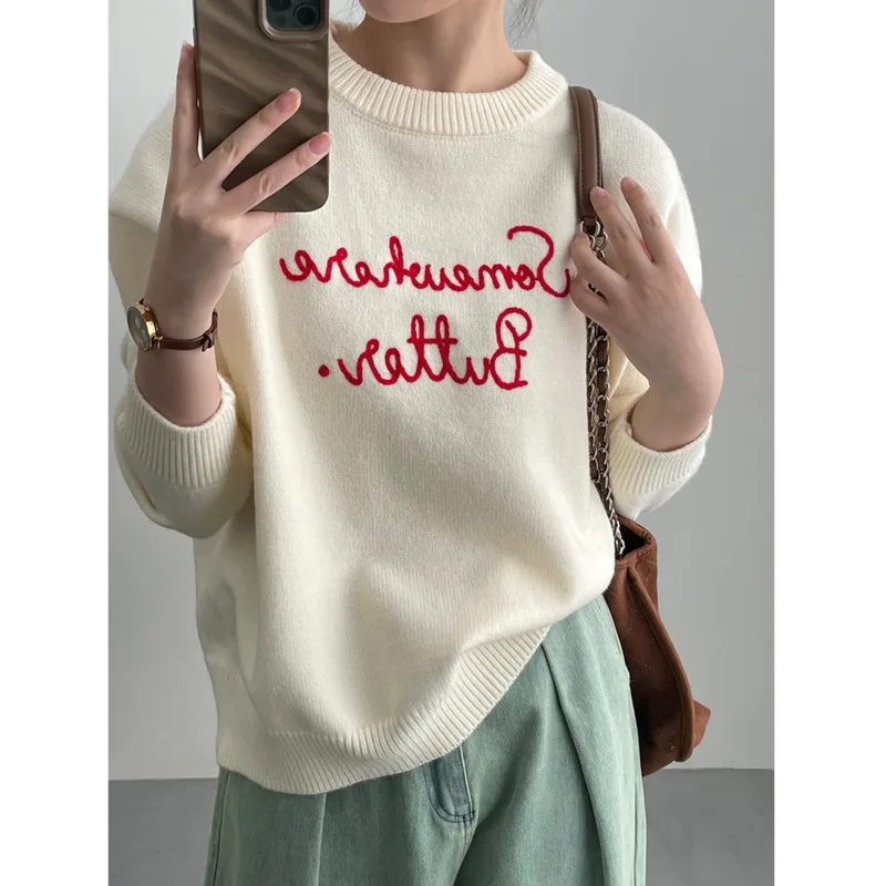 

Осенне-зимний мягкий свитер с надписью, женские свободные повседневные трикотажные пуловеры с круглым вырезом и длинным рукавом