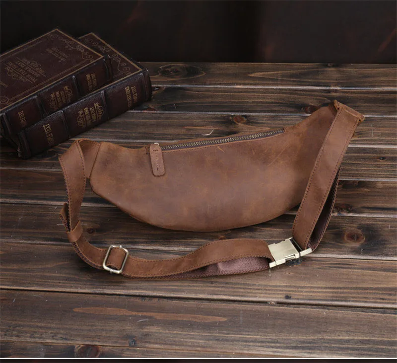 Retro fashion handmade crazy horse cowhide men's chest bag leisure luxury designer youth go out sports summer hot sale pockets