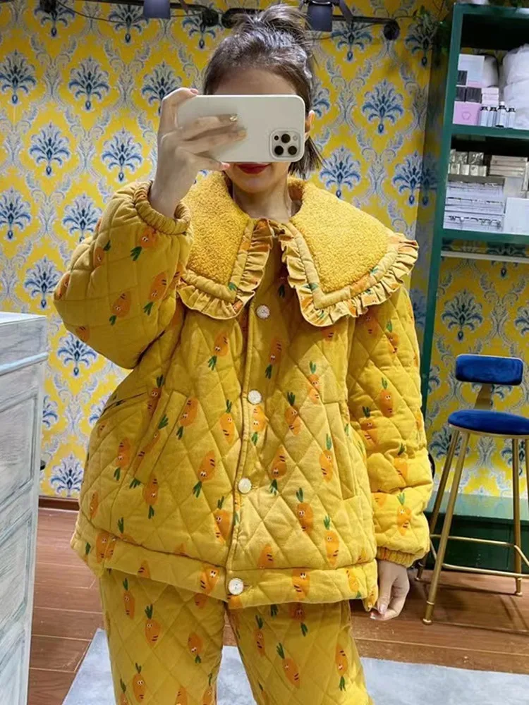 Зимние женские пижамы розового винограда с принтом свободные трехслойные