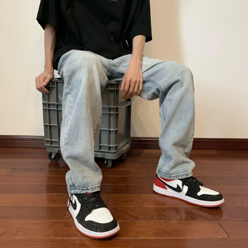 Blue Grey Baggy Jeans Men Fashion Casual Ripped Straight Jeans Men Streetwear Loose Hip Hop Denim Pants Mens Trousers M-2XL