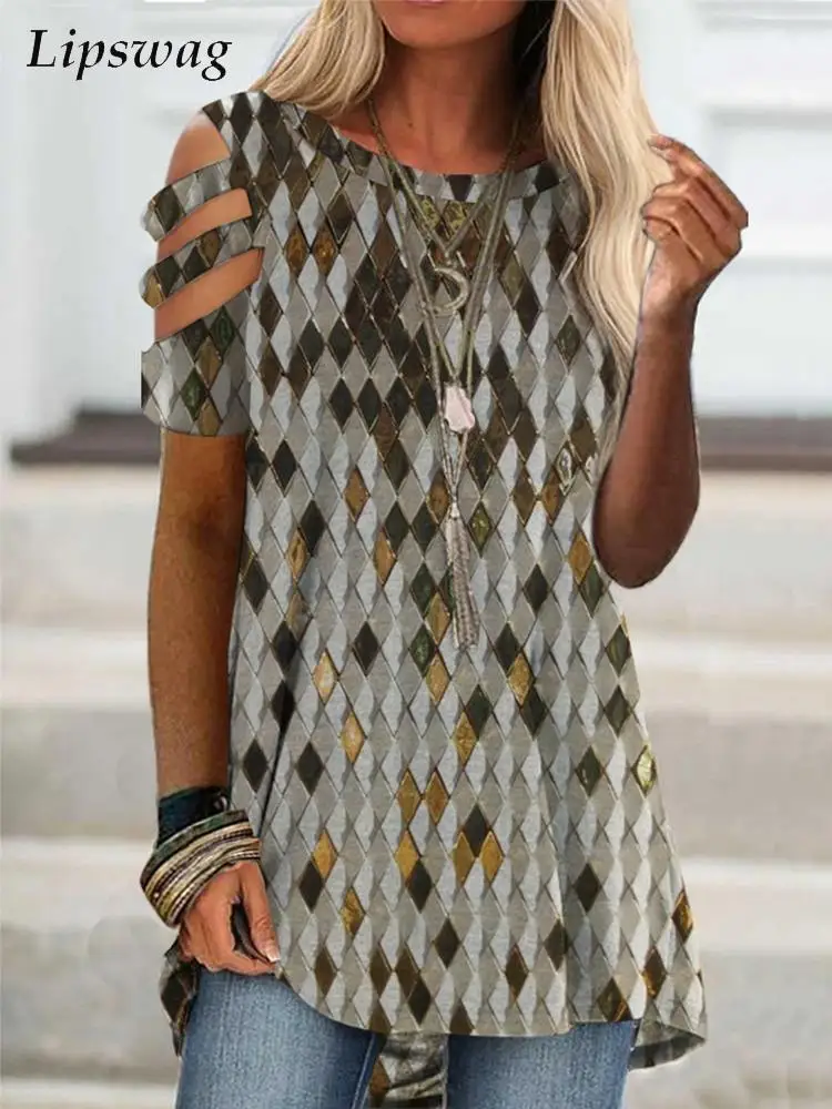 

Vintage Pattern Print Loose Pullover Women O Neck Casual Shirts Blouse Female Sexy Bandage Off Shoulder Short Sleeve Tops Blusa