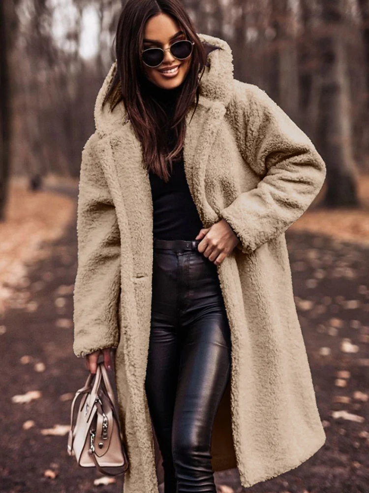 

Fleece Warm Overcoat Coats Womens One Button Long Sleeve Lamb Wool Female Hoodies Streetwear Fashion Winter White Cardigan Coat