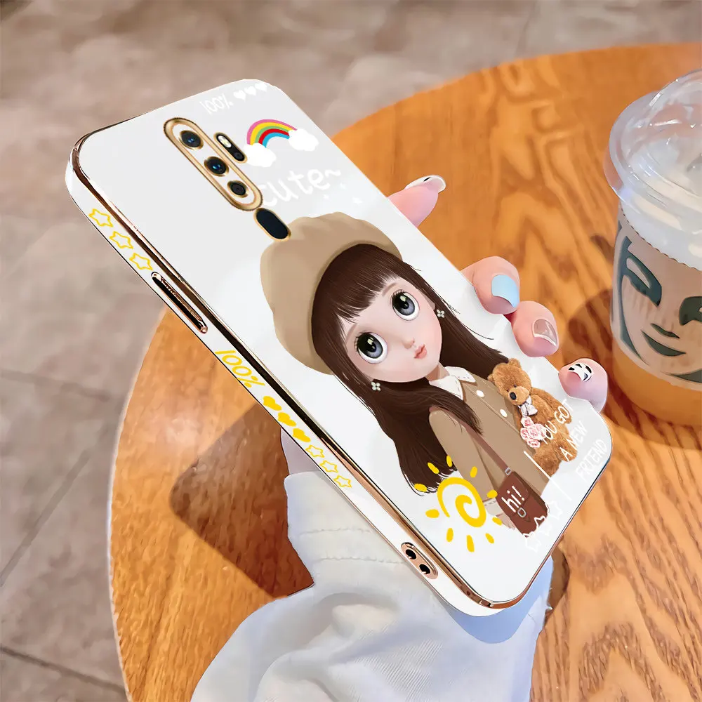 

For OPPO A9 2020 A5 2020 A92 A52 A92S A91 Reno 4Z 5G Luxury Square Case Cartoon Girls Plating Soft TPU Cover Shockproof Cases