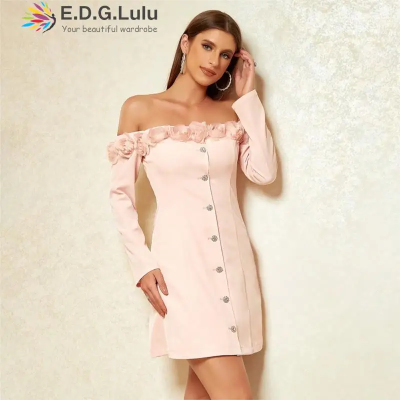 

EDGLuLu Square Neck Three-Dimensional Flower Off Shoulder Dresses For Women 2023 Single Breasted Long Sleeves Pink Dress 0810