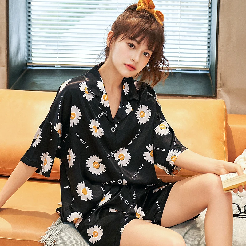 Print Floral Casual Summer Women's Silk Pajamas Set Loose Home Clothe Women 2 Pieces Black Women's Outfits with Free Shipping