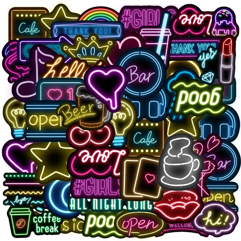 50pcs 2023 NEW neon led light dazzling cartoon waterproof stickers laptop decal fridge skateboard doodle stickers