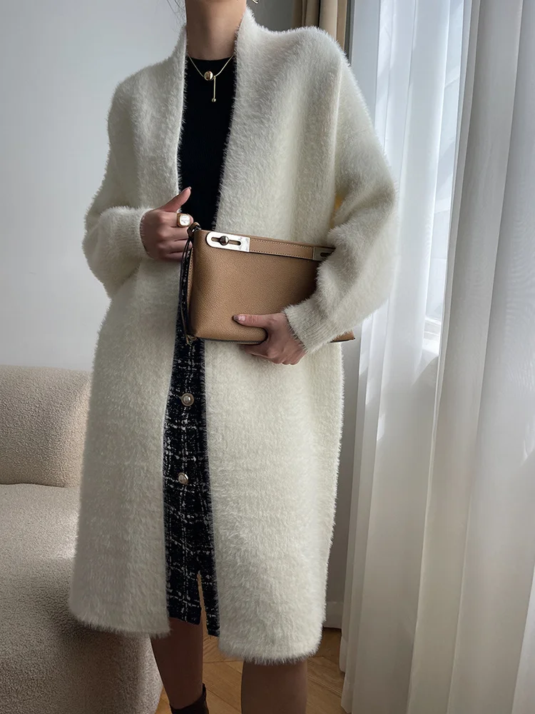 White Big Size Long Knitting Cardigan Sweater Loose Fit V-Neck Long Sleeve Women New Fashion Autumn Winter 2022  C556