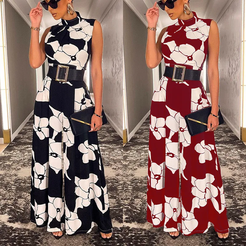 

Women Print Jumpsuit High Collar Sleeveless Party Glitter Shiny One Piece Skinny Slim With Belt Long Casual Jumpsuits Outfit