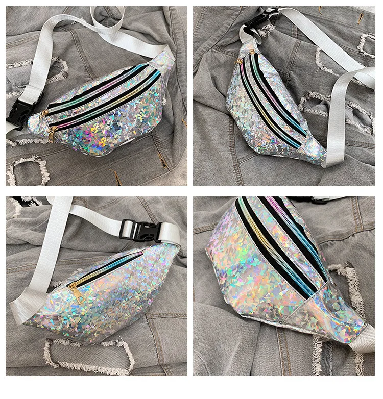2023 Wholesale Designer Hologram Fanny Pack Sling Chest Bag Belt Hip Bag Casual Cross Body Pouch Waist Bag Silver For Women
