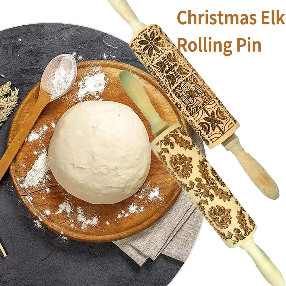 

Christmas Embossed Rolling Pin Wood Carved Cookies Engraved Printed Baking Crafts Dough Roller Holiday Gifts Fondant Biscui W0O1