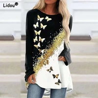 butterfly print patchwork long sleeve t shirt fashion casual loose o neck spring autumn tops women oversize y2k clothing 2022