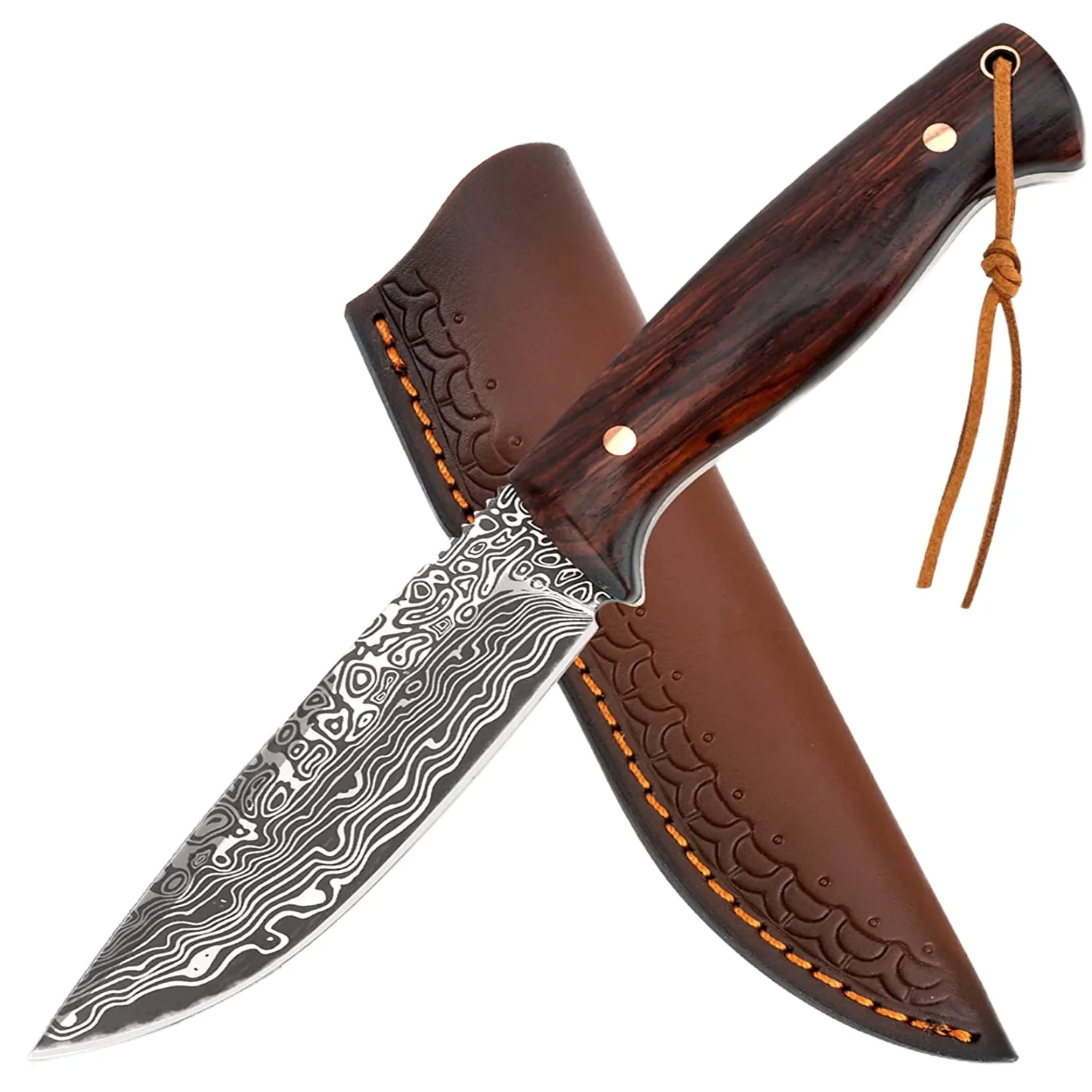 

Full Tang Damascus Texture Fixed D2 Blade With Leather Sheath Solid&Sharp Outdoor Hunting Knife Comfortable Sandalwood Handle