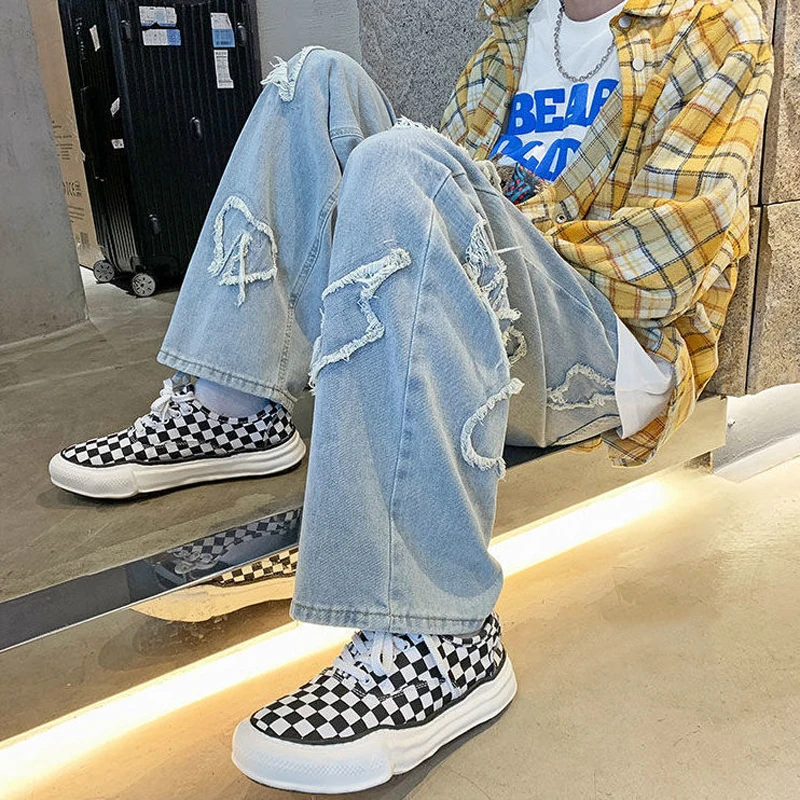 High Street Hip Hop Men's Y2K Fashion Clothes Embroidery Baggy Wide Leg Jeans Love Straight Trousers Streetwear Pants For Men