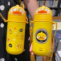childrens thermos cup with straw net red little yellow duck water cup portable kindergarten messenger stainless steel cup cute
