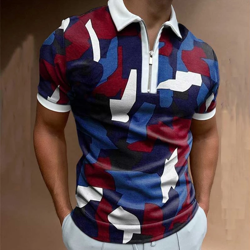 Summer Men's Clothing Polo Shirts Streetwear Abstract Print Casual Short Sleeve Tee Shirt Men Turn-Down Collar Zipper Polo Tops