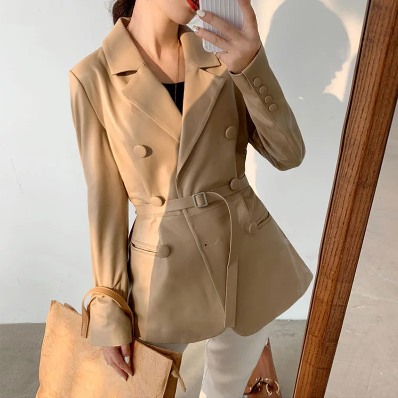 

Autumn 2023 Lambskin Blazer Fashion Double Breasted Belt Office Ladies Genuine Leather Jackets