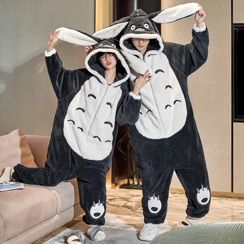 Couples Pajamas Jumpsuits  Women Men Adult Winter Thicken Hoodies Pyjamas Sleepwear Anime Cat Korean Loose Onesie Soft Warm Home