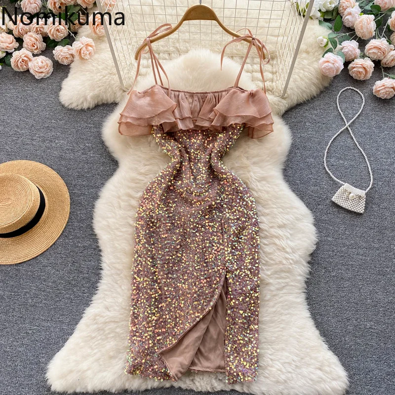 

Платье Nomikuma женское с открытыми плечами, пикантный Элегантный Модный лоскутный сарафан с оборками и блестками, лето 2022